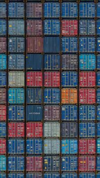 Vertical video: Drifting drone camera revealing stacked containers on deck, surveying rusted doors