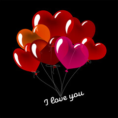 Love Card Template with bunch of colorful heart balloons floats against a dark background. These heart balloons convey a romantic message with the elegant I Love You text included in the design.