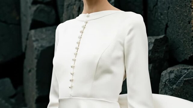 Woman showcasing a white elegant wedding dress with pearl button details on a dramatic rock formation background, video footage