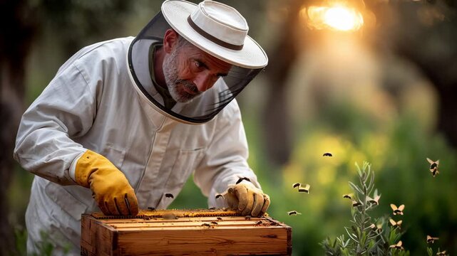 Beekeeper in protective gear inspects wooden hive box surrounded by flying bees in a lush garden setting during golden hour, showcasing the intricate relationship with nature