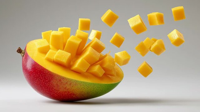 Fresh mango half with vibrant yellow cubes being tossed into the air, showcasing a dynamic action of fruit preparation in a minimalist setting with soft lighting and neutral background