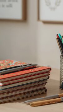 Vertical video: Filming camera shifting capturing notebook stack on home desk showing pens mesh cup
