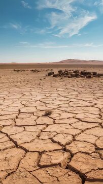 Vertical video: Drifting tumbleweed skimming polygonal mud plates on desert playa, pushed by wind