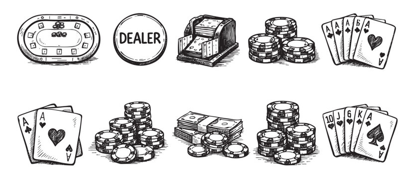 Hand-drawn black and white poker elements including cards, chips, dealer button, and table ideal for illustrating gambling concepts.