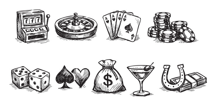 Hand-drawn illustration featuring gambling elements like cards, chips, roulette, slot machine and money, isolated on white; ideal for casino themes or luck concepts.