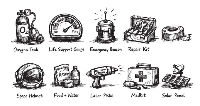 Black and white hand-drawn sketch of space exploration survival kit items including oxygen tank, helmet, beacon, and food. Useful for illustrating survival, space, or science concepts.