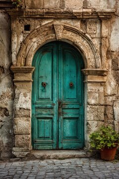 Weathered turquoise door set in a historic stone fa&Atilde;&sect;ade in Tarsus, Turkey