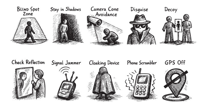 Hand-drawn sketches illustrate various techniques for evading surveillance, including blind spots, shadows, disguises, and technology countermeasures; perfect for conceptual designs about privacy and 