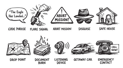 Hand-drawn espionage icons showing elements like a code phrase, flare signal, disguise, safe house, and getaway car against a white background.