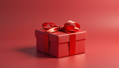Obraz premium Red gift box with bow on red background. Represents concepts of celebration, holidays, and giving. Ideal for seasonal marketing and promotion materials.