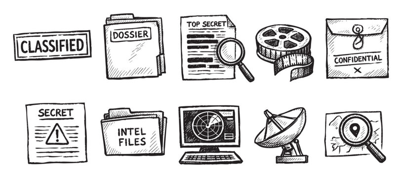 A collection of sketched icons depicts intelligence gathering, including classified documents, dossiers, radar, and film reels, rendered in a graphic, hand-drawn style.