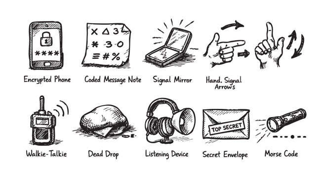 Hand-drawn illustrations depict various spy devices, like an encrypted phone, coded note, signal mirror and walkie talkie, useful for concepts related to espionage and security.