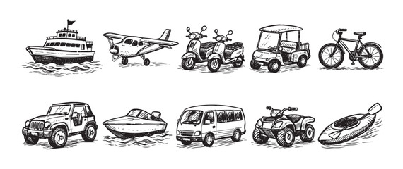 A variety of hand-drawn transportation icons, including a boat, plane, car, and scooter are arranged on a clean, white background. Ideal for design projects.