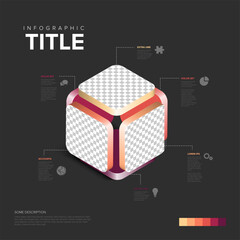 A professional isometric cube infographic template featuring 3D text boxes and charts. This cube infographic is perfect for data visualization and modern business presentations.
