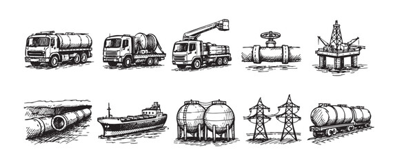 Obraz premium Black and white sketch of industrial transport and infrastructure elements, including trucks, pipelines, ships, oil rigs, power lines and railroad cars. Great for industrial themed designs.