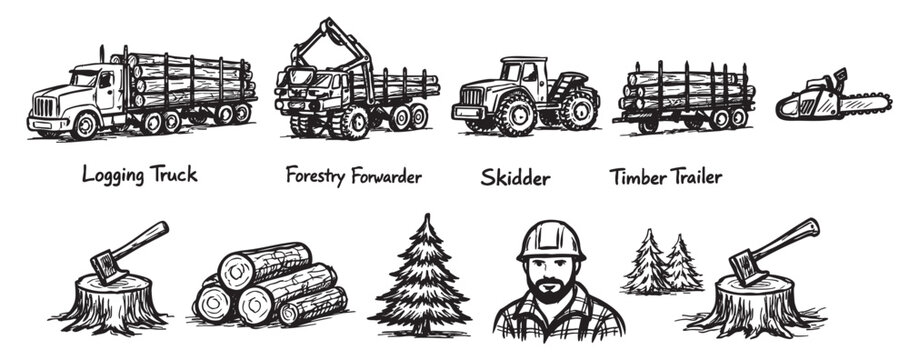 A detailed black and white line art drawing showcasing various forestry vehicles and equipment, including logging trucks, forwarders, skidders, and hand tools.