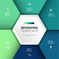 This professional infographic template features a hexagonal layout for data visualization. Use this infographic template to present your business steps in a clear teal design.