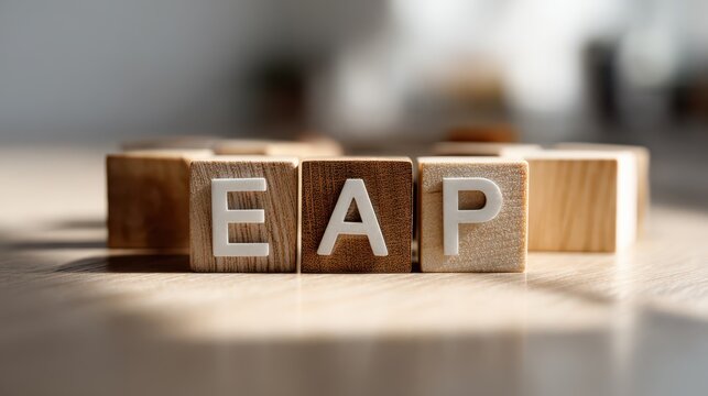 Wooden cubes spelling EAP on a desk to symbolize employee assistance program