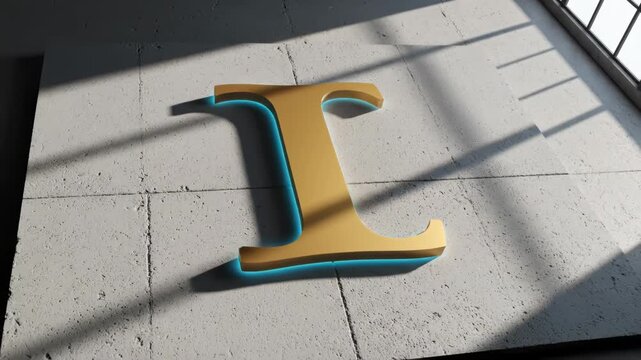 Large Yellow Letter L on Gray Floor with Shadows, Abstract Background, Close-up View