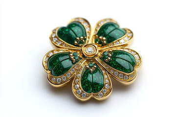 Gold brooch green gemstone clover jewelry luck diamond elegant accessory gold clover jewelry with green gemstone and diamond detail, elegant luck charm accessory on white background