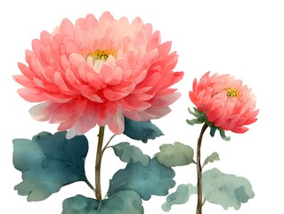 Two delicate pink chrysanthemums are painted with watercolor on a stark white background showcasing artistic beauty and botanical details.