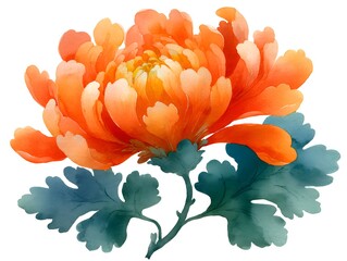 An exquisite watercolor painting displays a vibrant orange chrysanthemum flower with elegant green leaves on a bright white isolated background.