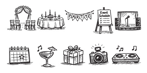 Hand-drawn illustration icons featuring wedding arch, party table, event schedule, cocktail, stage, camera and more. Black and white design suitable for invitations and party decoration.