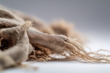 Fototapeta premium Worn cloth on a pristine white surface with visible fibers and dirt stains