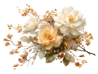 Creamy watercolor flowers arranged beautifully with yellow accents on a white background creating a calming and elegant floral arrangement.