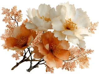 Watercolor floral arrangement features delicate cream and copper flowers with textured petals and golden centers on a white background for decor.