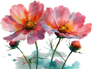 Two vibrant pink cosmos flowers with yellow centers bloom beautifully, their delicate watercolor petals contrasting against a white background.
