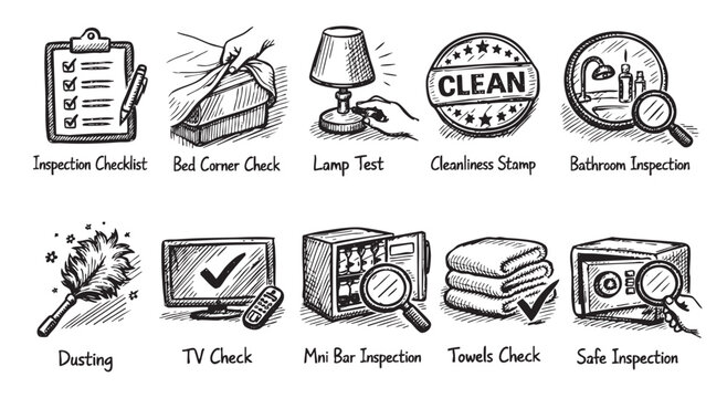 Hand-drawn vector illustrations depict hotel room inspection points, including cleanliness check, bathroom and minibar inspection, using a magnifying glass, indicating attention to detail.