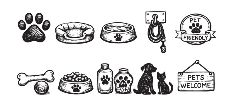 Hand-drawn sketches depict various pet supplies including food, toys, beds, a leash, and signage related to pet friendliness and welcome in a simple black and white style.