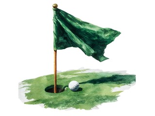A watercolor painting depicts a golf ball near the hole with a green flag waving in the wind on a sunny day on the putting green.