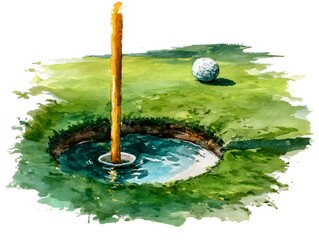 Watercolor golf illustration showcasing a golf ball near the hole with water hazard in a vibrant green setting on a white background design.