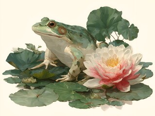 A detailed illustration depicts a green frog sitting among lily pads with a blooming pink and white water lily flower in soft lighting.