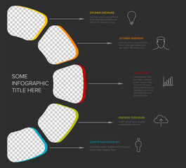 Modern infographic template featuring five colorful steps and photo placeholders. This infographic layout includes business icons and text options on a dark background.