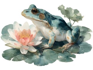 An adorable blue frog delicately sits amongst green lily pads and a beautiful pink and white water lily in a watercolor painting style.