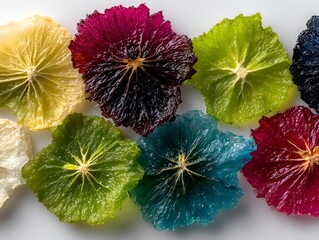 Colorful dried citrus fruit slices including lemon, orange, lime, grapefruit, and others arranged artistically on a white background surface.