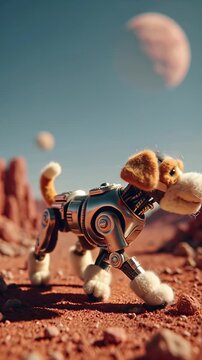 A robotic dog explores a barren alien planet with a large moon in the sky, a futuristic space adventure.