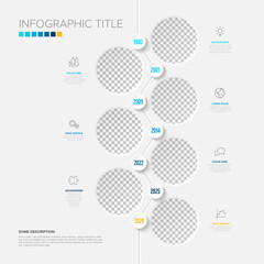 This vertical timeline infographic features a clean design with circular photo placeholders. This infographic layout includes a timeline with dates and customizable icons for business.