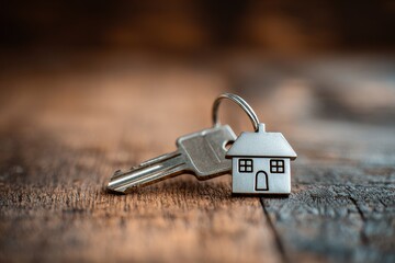 Metal house keychain in a keyhole representing property