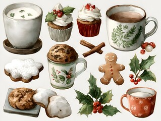 A delightful watercolor arrangement of holiday treats with cookies, cupcakes, cinnamon sticks, and holly berries for a festive winter scene.
