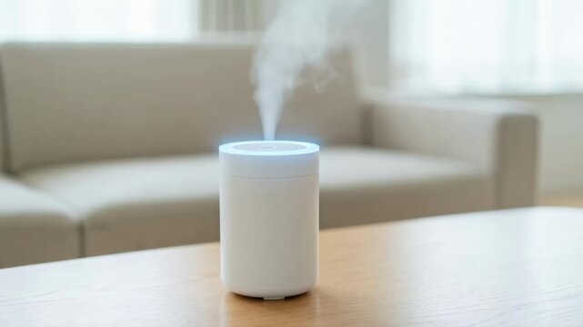 A modern white aroma diffuser releases steam on a wooden table in a living room. An ultrasonic air humidifier with a blue light creates a relaxing atmosphere. Home comfort and wellness concept