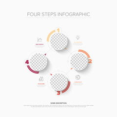 Visualize your workflow with this four steps infographic template. This professional four steps infographic includes circular placeholders and clean icons for business data.