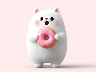 A cute fluffy white cat with rosy cheeks holds a pink donut with sprinkles against a soft pink background, looking excited and happy.