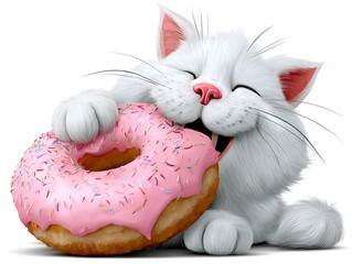 A happy white cartoon cat with its eyes closed eagerly enjoys taking a large bite out of a pink frosted donut covered with sprinkles.