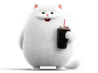 A fluffy white cartoon cat cheerfully holds a plastic cup of dark fizzy soda with a red straw against a bright white background image.