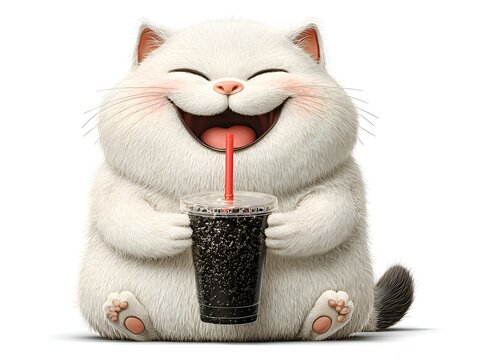 A cheerful cartoon cat with white fur happily drinks a dark beverage through a red straw with its eyes closed in joyful expression.