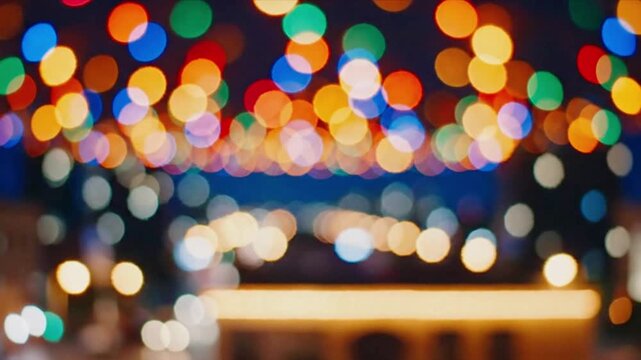 Out of focus holiday string lights creating beautiful bokeh effect at night with soft shimmering colors and glowing background